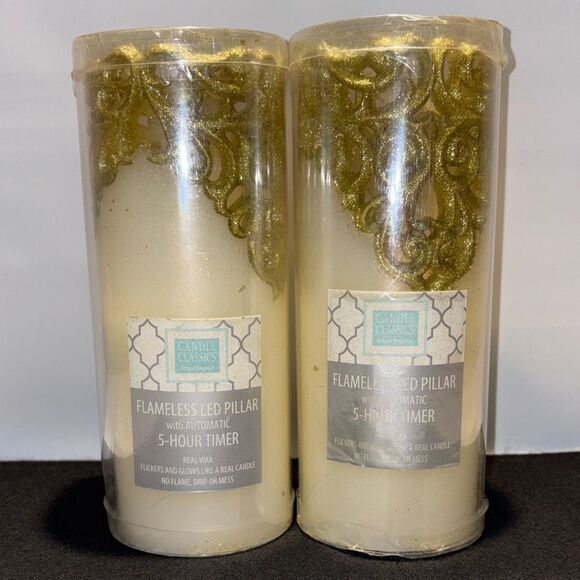 Impressions Flameless LED Pillar Candles - White and Gold - Picture 1 of 9